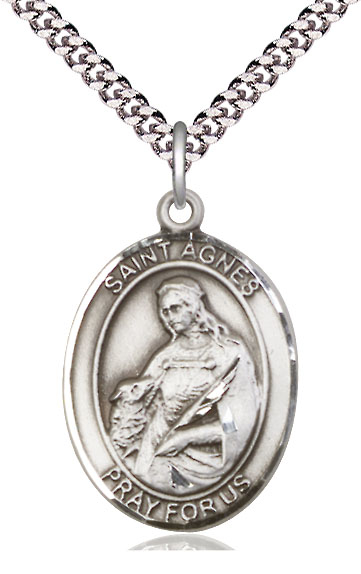 Sterling Silver Saint Agnes of Rome Pendant on a 24 inch Light Rhodium Heavy Curb chain