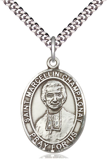 Sterling Silver Saint Marcellin Champagnat Pendant on a 24 inch Light Rhodium Heavy Curb chain