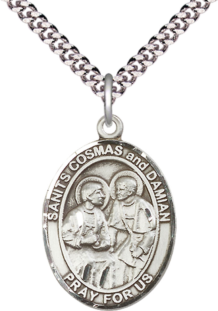 Sterling Silver Saints Cosmas &amp; Damian Pendant on a 24 inch Light Rhodium Heavy Curb chain