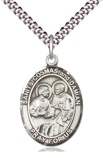 Sterling Silver Saints Cosmas &amp; Damian Pendant on a 24 inch Light Rhodium Heavy Curb chain