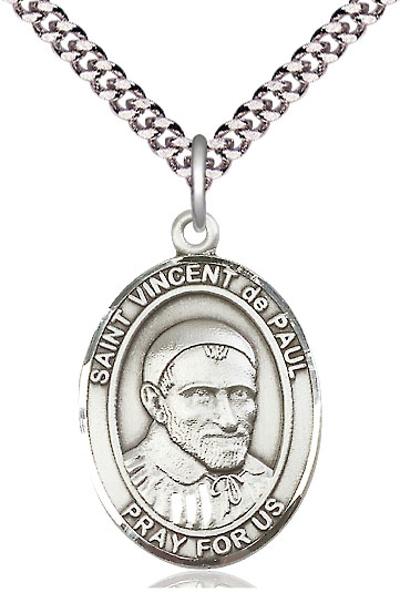 Sterling Silver Saint Vincent de Paul Pendant on a 24 inch Light Rhodium Heavy Curb chain