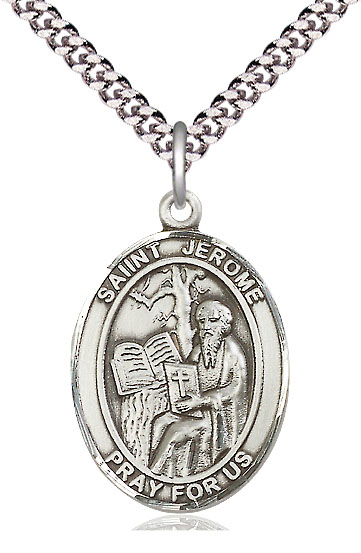 Sterling Silver Saint Jerome Pendant on a 24 inch Light Rhodium Heavy Curb chain