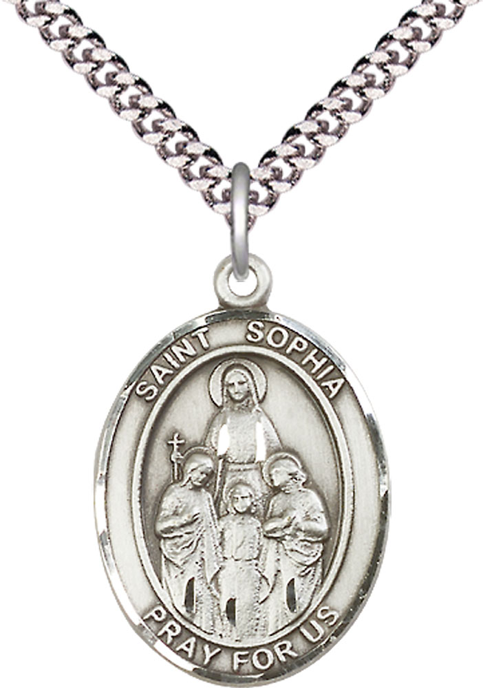 Sterling Silver Saint Sophia Pendant on a 24 inch Light Rhodium Heavy Curb chain