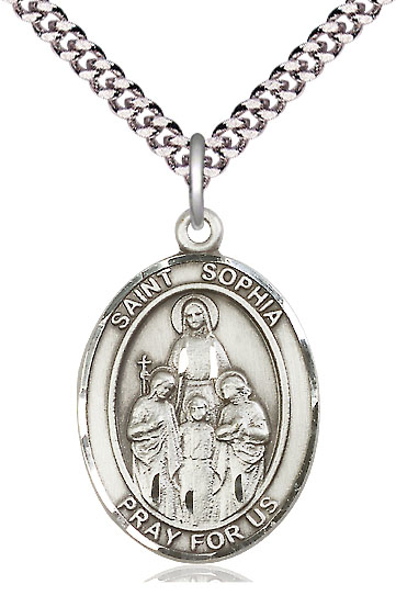 Sterling Silver Saint Sophia Pendant on a 24 inch Light Rhodium Heavy Curb chain