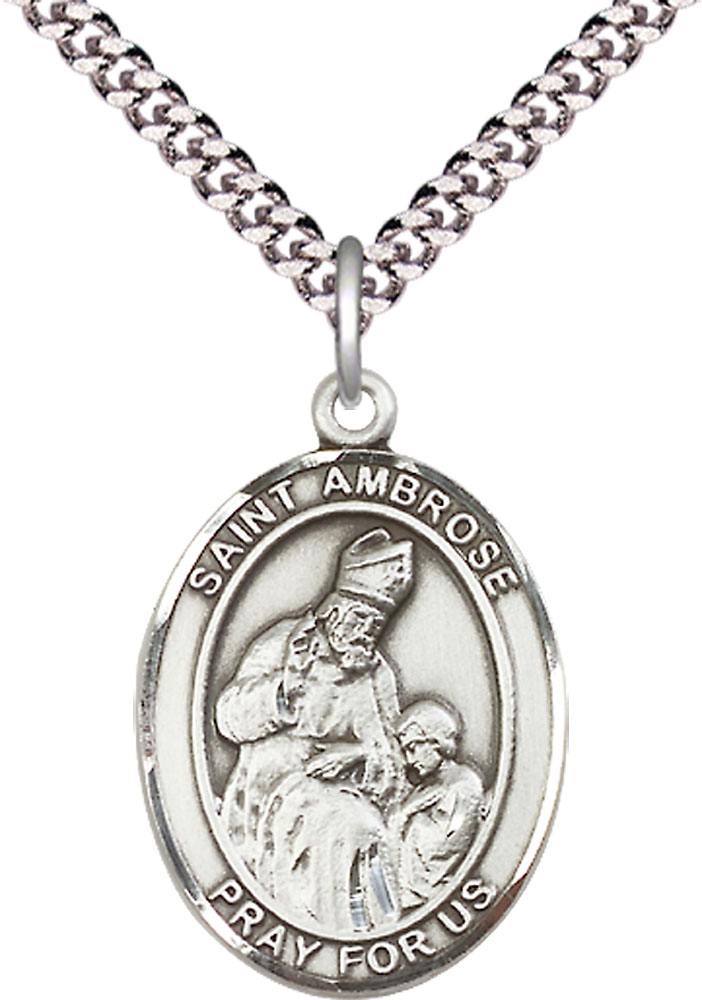 Sterling Silver Saint Ambrose Pendant on a 24 inch Light Rhodium Heavy Curb chain
