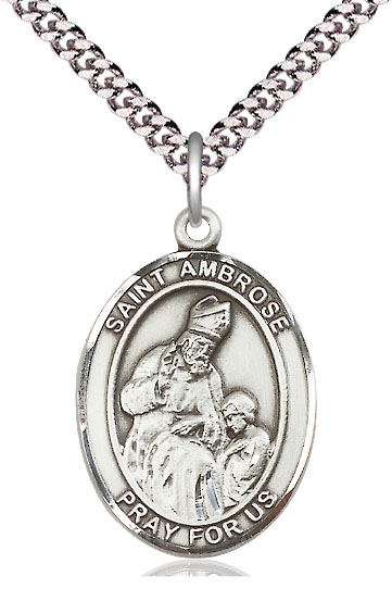 Sterling Silver Saint Ambrose Pendant on a 24 inch Light Rhodium Heavy Curb chain