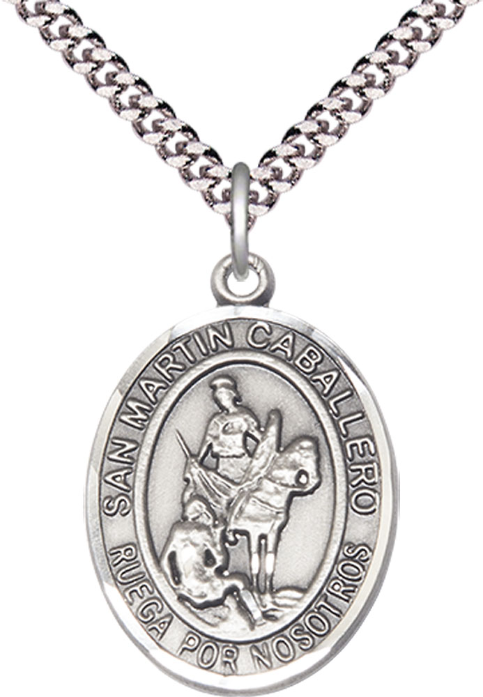 Sterling Silver San Martin Caballero Pendant on a 24 inch Light Rhodium Heavy Curb chain