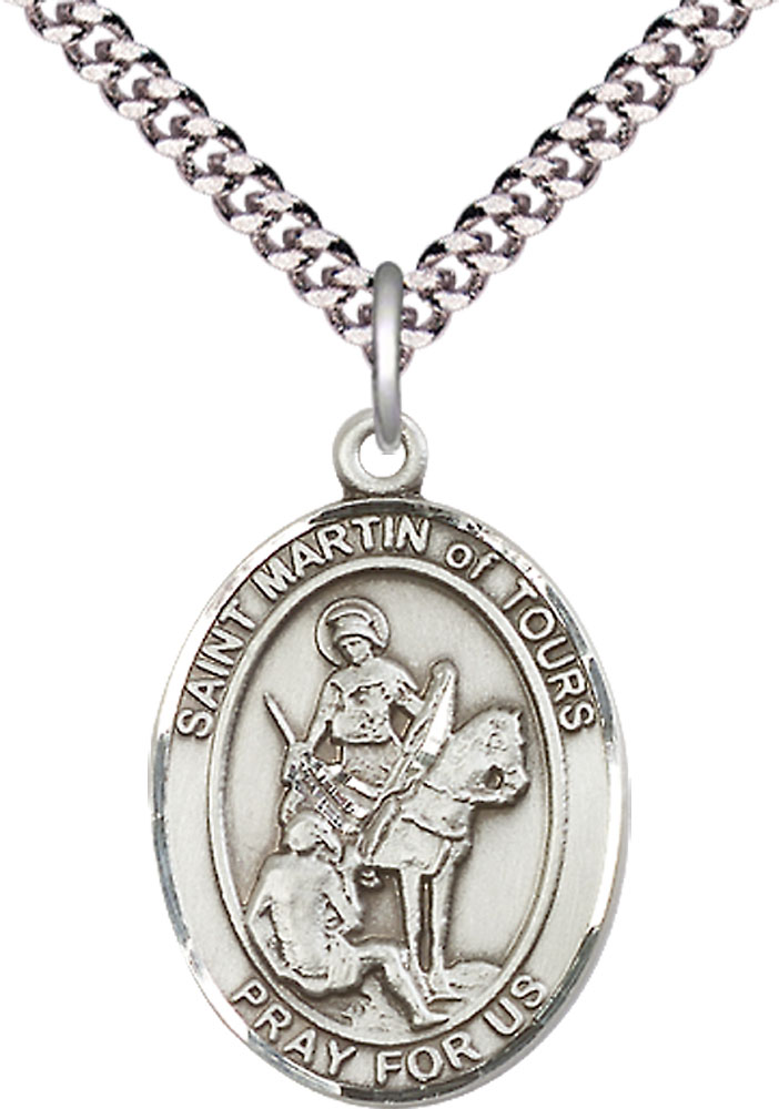 Sterling Silver Saint Martin of Tours Pendant on a 24 inch Light Rhodium Heavy Curb chain