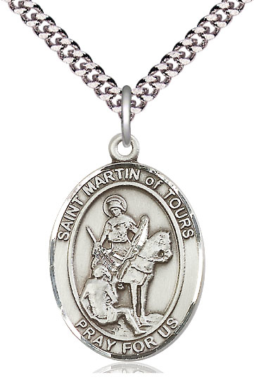 Sterling Silver Saint Martin of Tours Pendant on a 24 inch Light Rhodium Heavy Curb chain