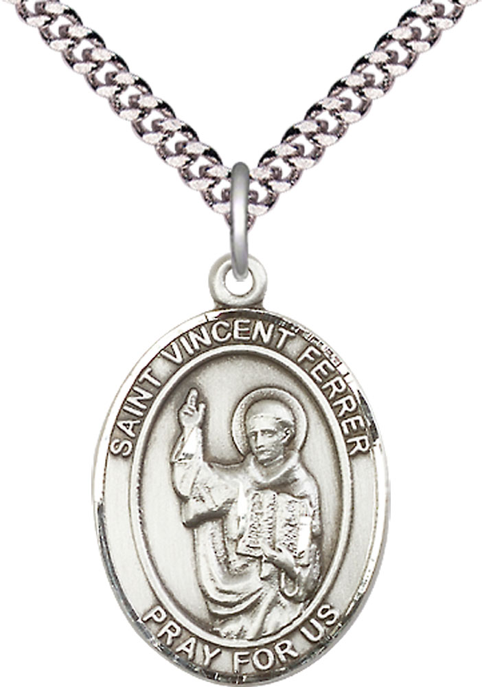 Sterling Silver Saint Vincent Ferrer Pendant on a 24 inch Light Rhodium Heavy Curb chain