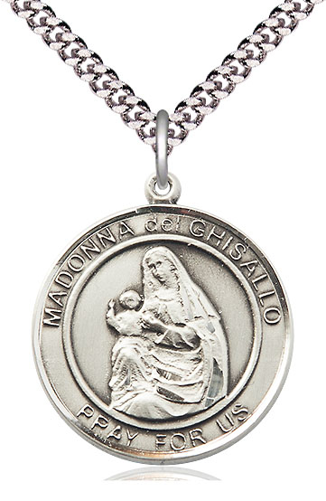 Sterling Silver Madonna del Ghisallo Pendant on a 24 inch Light Rhodium Heavy Curb chain