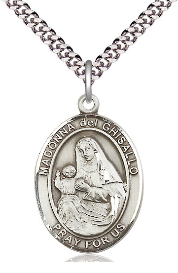 Sterling Silver Saint Madonna Del Ghisallo Pendant on a 24 inch Light Rhodium Heavy Curb chain
