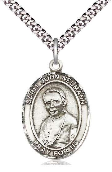 Sterling Silver Saint John Neumann Pendant on a 24 inch Light Rhodium Heavy Curb chain