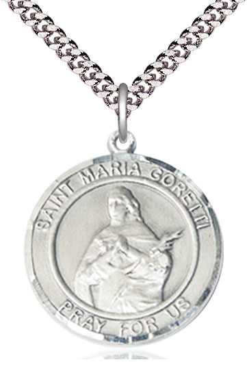 Sterling Silver Saint Maria Goretti Pendant on a 24 inch Light Rhodium Heavy Curb chain