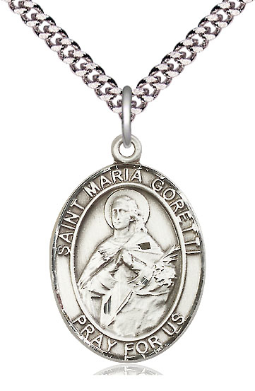 Sterling Silver Saint Maria Goretti Pendant on a 24 inch Light Rhodium Heavy Curb chain