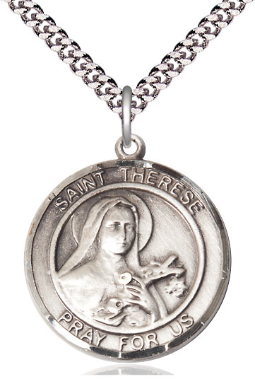 Sterling Silver Saint Therese of Lisieux Pendant on a 24 inch Light Rhodium Heavy Curb chain