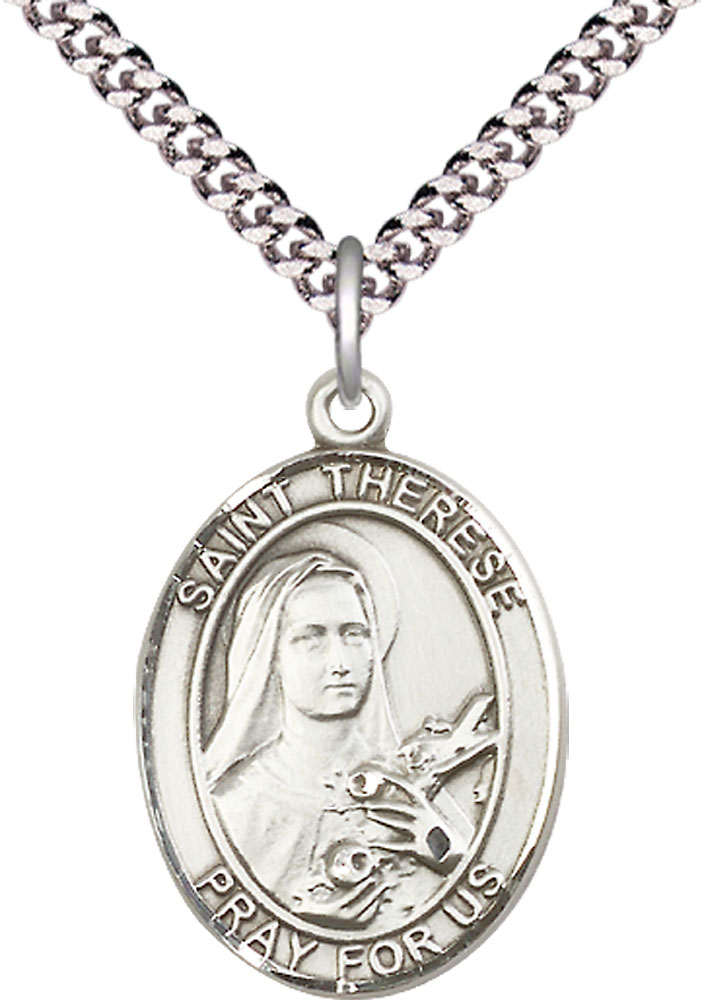 Sterling Silver Saint Therese of Lisieux Pendant on a 24 inch Light Rhodium Heavy Curb chain