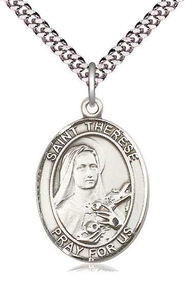 Sterling Silver Saint Therese of Lisieux Pendant on a 24 inch Light Rhodium Heavy Curb chain