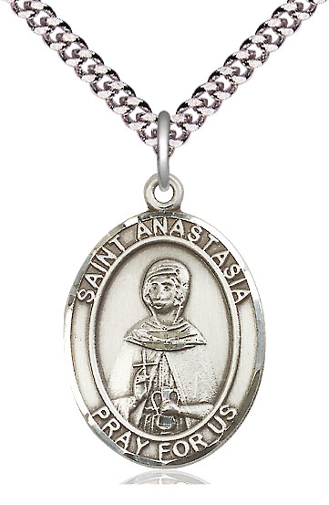 Sterling Silver Saint Anastasia Pendant on a 24 inch Light Rhodium Heavy Curb chain