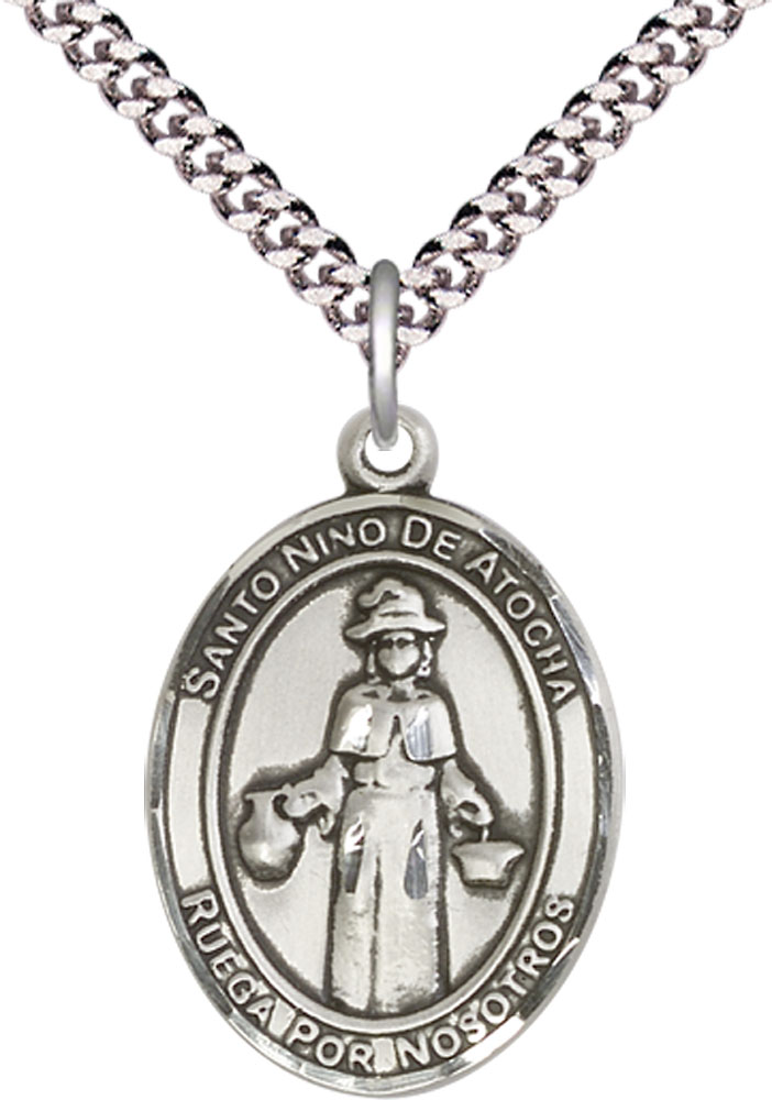 Sterling Silver Nino de Atocha Pendant on a 24 inch Light Rhodium Heavy Curb chain