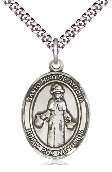 Sterling Silver Nino de Atocha Pendant on a 24 inch Light Rhodium Heavy Curb chain