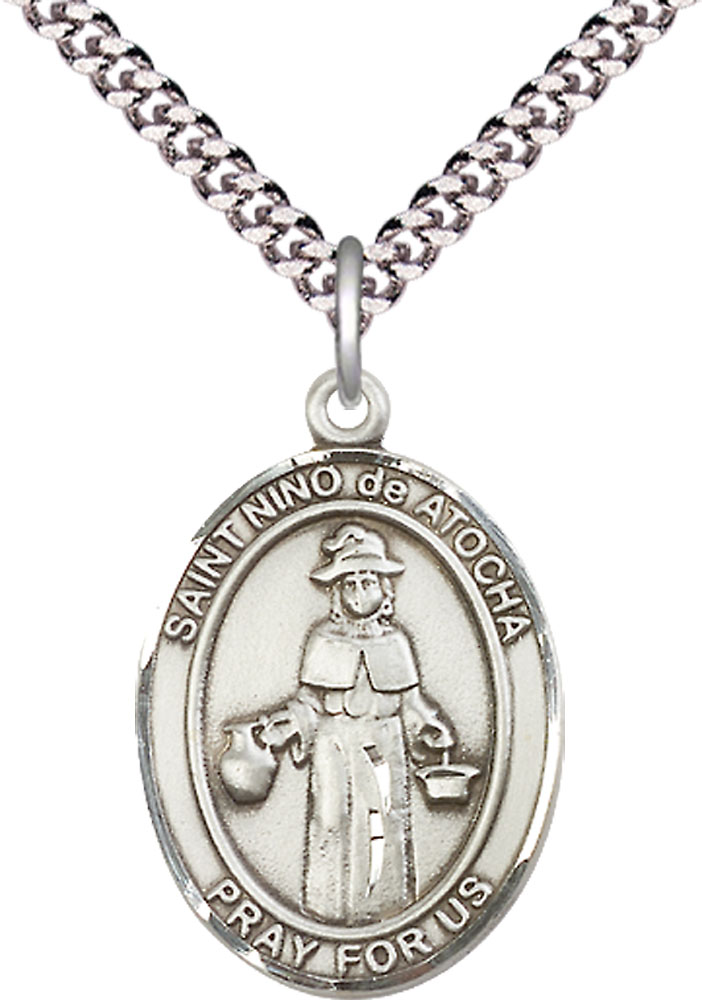Sterling Silver Nino de Atocha Pendant on a 24 inch Light Rhodium Heavy Curb chain