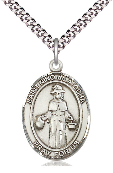 Sterling Silver Nino de Atocha Pendant on a 24 inch Light Rhodium Heavy Curb chain