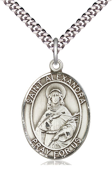 Sterling Silver Saint Alexandra Pendant on a 24 inch Light Rhodium Heavy Curb chain