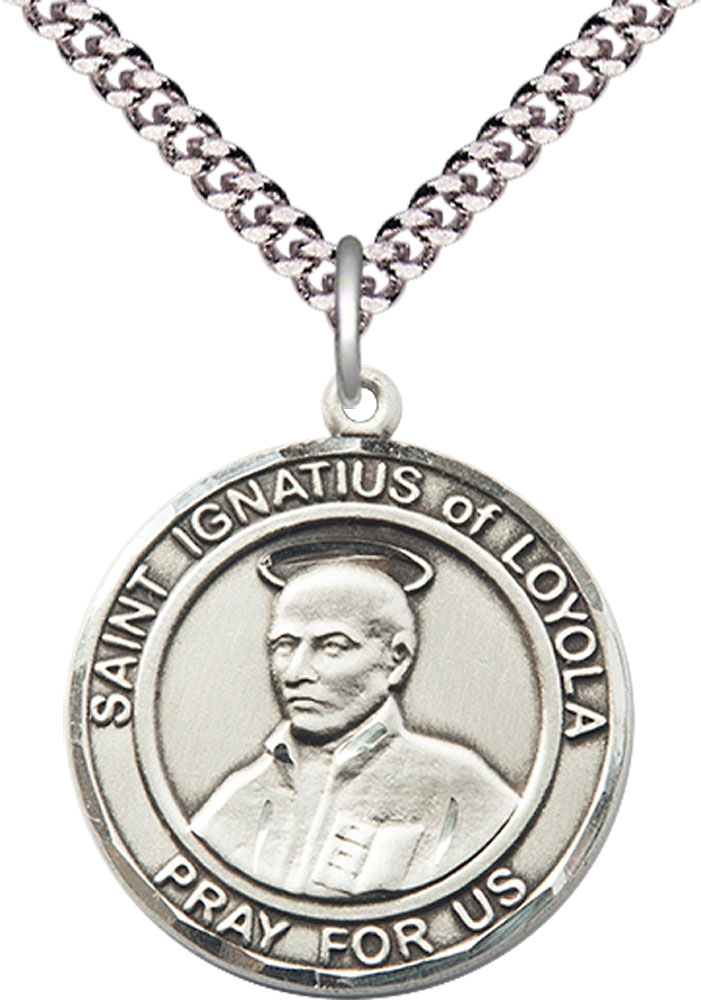 Sterling Silver Saint Ignatius of Loyola Pendant on a 24 inch Light Rhodium Heavy Curb chain