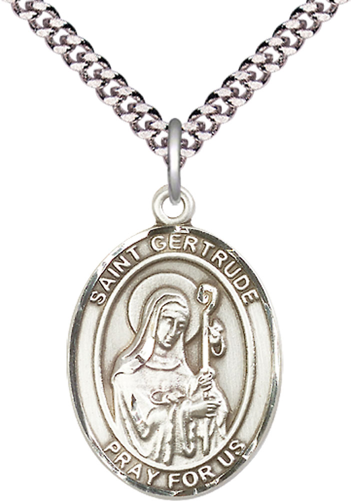 Sterling Silver Saint Gertrude of Nivelles Pendant on a 24 inch Light Rhodium Heavy Curb chain