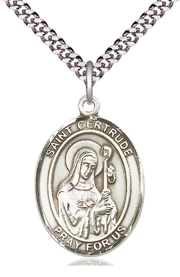 Sterling Silver Saint Gertrude of Nivelles Pendant on a 24 inch Light Rhodium Heavy Curb chain