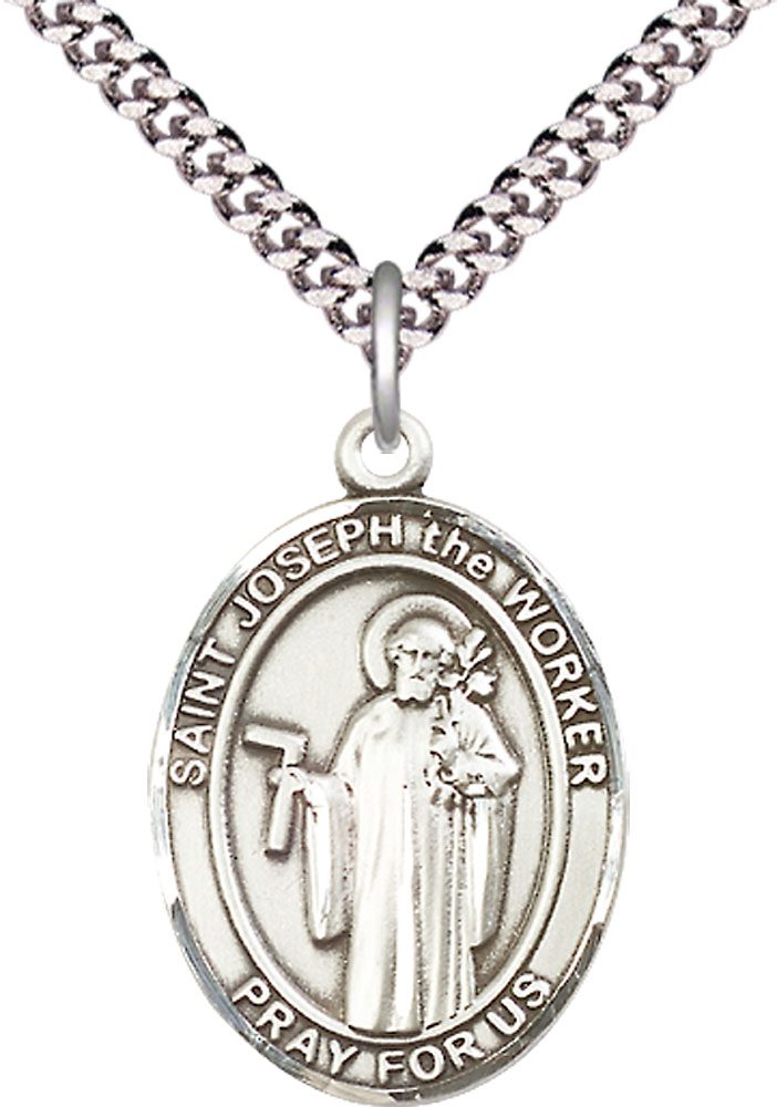 Sterling Silver Saint Joseph the Worker Pendant on a 24 inch Light Rhodium Heavy Curb chain