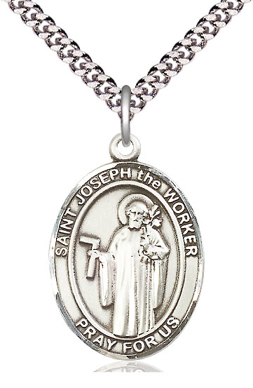 Sterling Silver Saint Joseph the Worker Pendant on a 24 inch Light Rhodium Heavy Curb chain