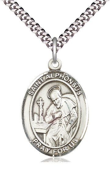 Sterling Silver Saint Alphonsus Pendant on a 24 inch Light Rhodium Heavy Curb chain