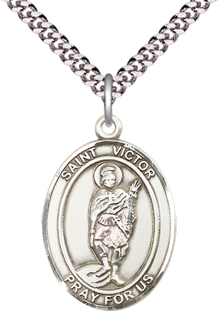 Sterling Silver Saint Victor of Marseilles Pendant on a 24 inch Light Rhodium Heavy Curb chain