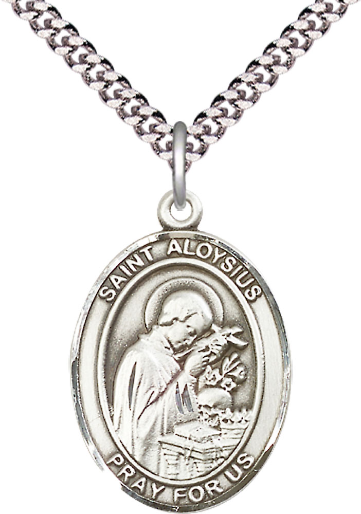 Sterling Silver Saint Aloysius Gonzaga Pendant on a 24 inch Light Rhodium Heavy Curb chain