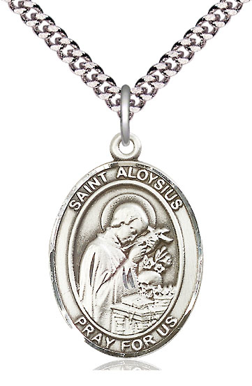 Sterling Silver Saint Aloysius Gonzaga Pendant on a 24 inch Light Rhodium Heavy Curb chain