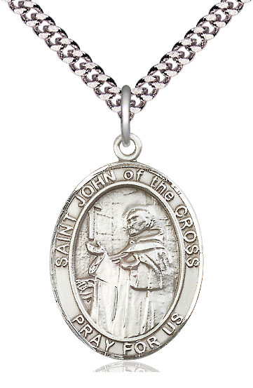 Sterling Silver Saint John of the Cross Pendant on a 24 inch Light Rhodium Heavy Curb chain