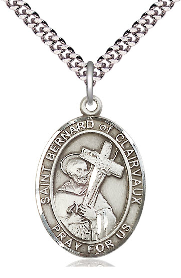 Sterling Silver Saint Bernard of Clairvaux Pendant on a 24 inch Light Rhodium Heavy Curb chain