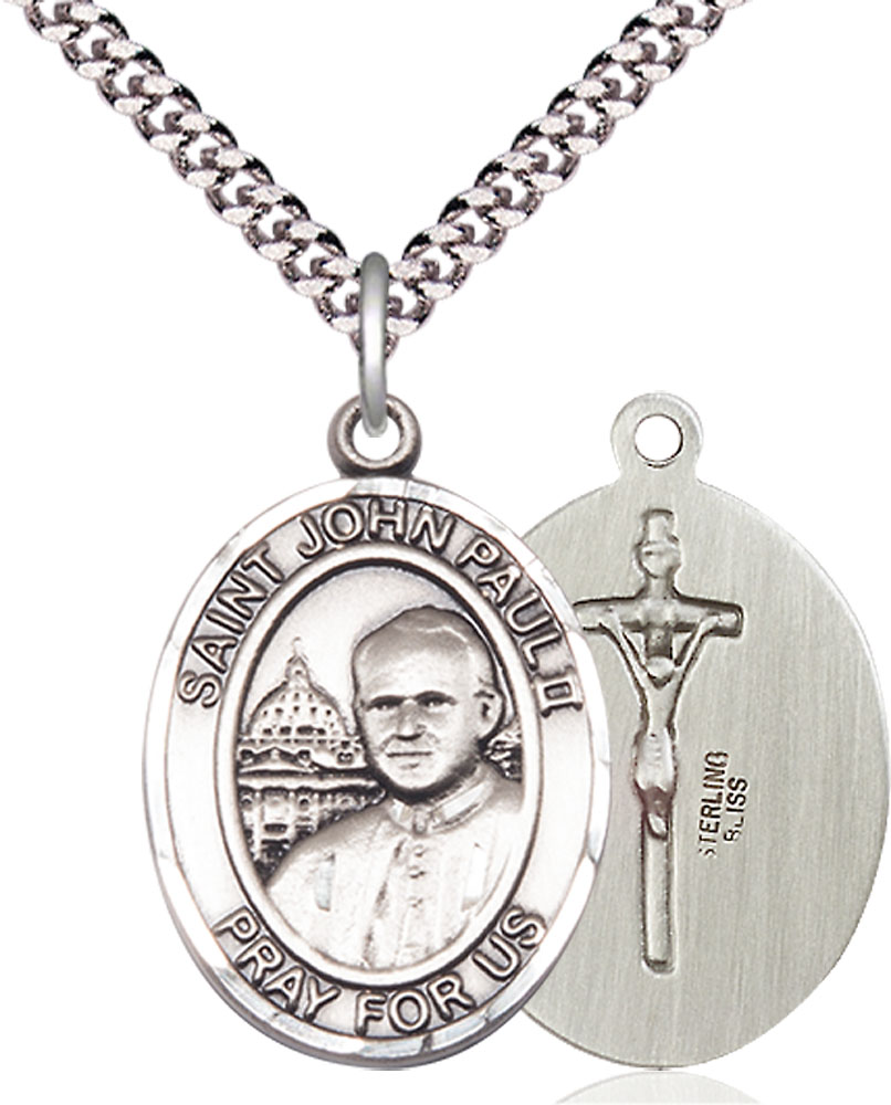 Sterling Silver Saint John Paul II Pendant on a 24 inch Light Rhodium Heavy Curb chain