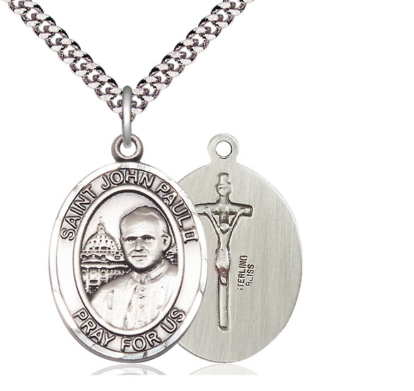 Sterling Silver Saint John Paul II Pendant on a 24 inch Light Rhodium Heavy Curb chain