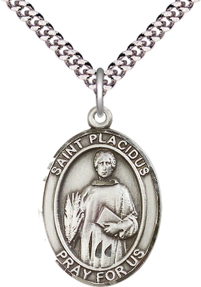 Sterling Silver Saint Placidus Pendant on a 24 inch Light Rhodium Heavy Curb chain