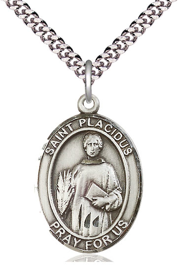 Sterling Silver Saint Placidus Pendant on a 24 inch Light Rhodium Heavy Curb chain