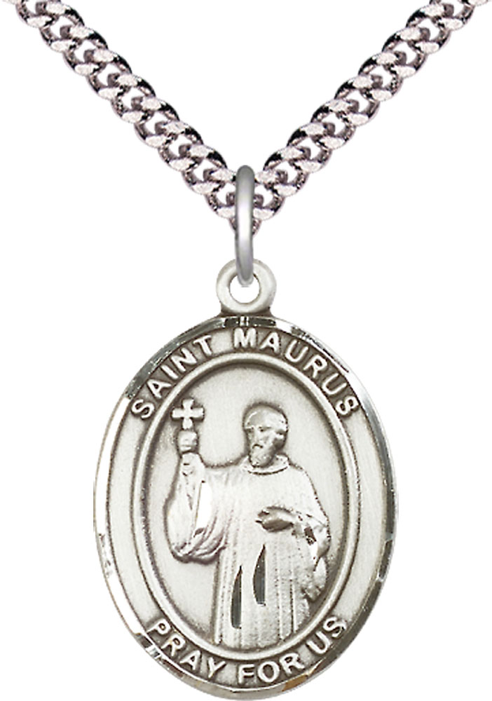 Sterling Silver Saint Maurus Pendant on a 24 inch Light Rhodium Heavy Curb chain