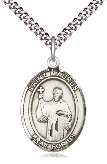 Sterling Silver Saint Maurus Pendant on a 24 inch Light Rhodium Heavy Curb chain