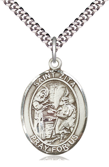 Sterling Silver Saint Zita Pendant on a 24 inch Light Rhodium Heavy Curb chain