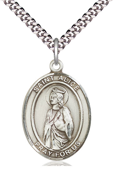 Sterling Silver Saint Alice Pendant on a 24 inch Light Rhodium Heavy Curb chain