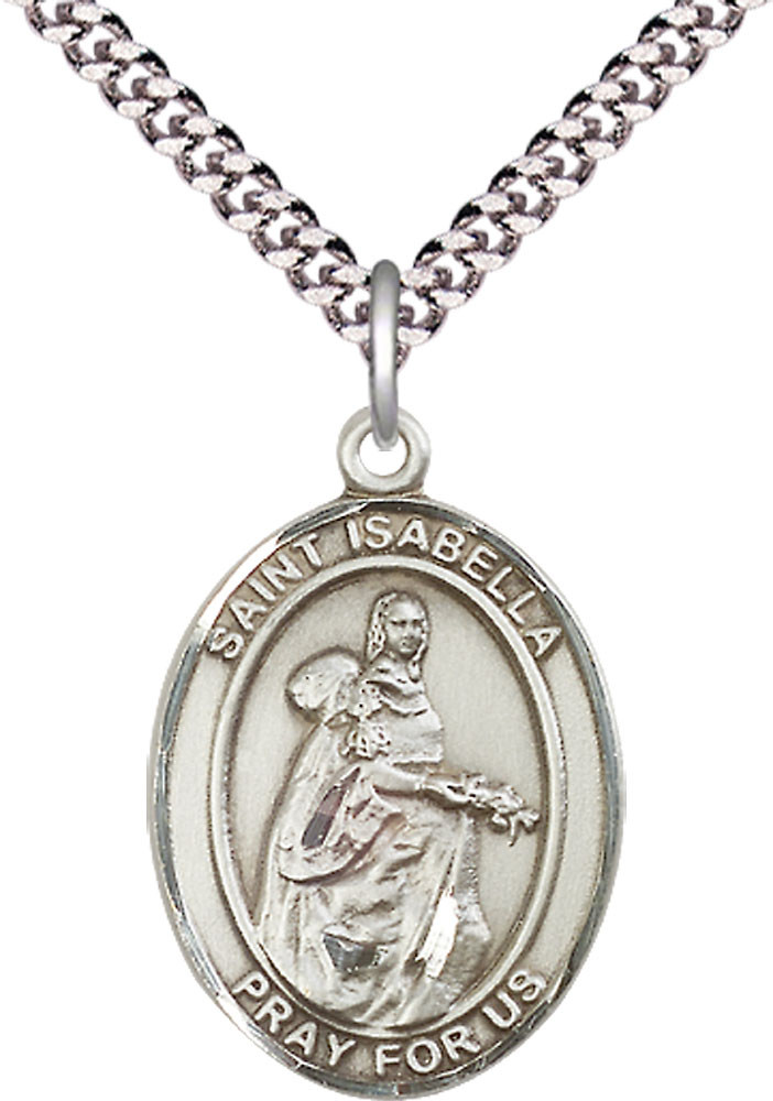 Sterling Silver Saint Isabella of Portugal Pendant on a 24 inch Light Rhodium Heavy Curb chain