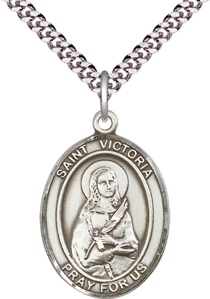 Sterling Silver Saint Victoria Pendant on a 24 inch Light Rhodium Heavy Curb chain