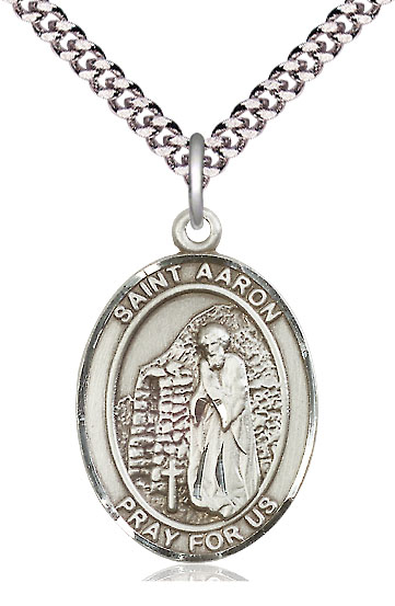 Sterling Silver Saint Aaron Pendant on a 24 inch Light Rhodium Heavy Curb chain